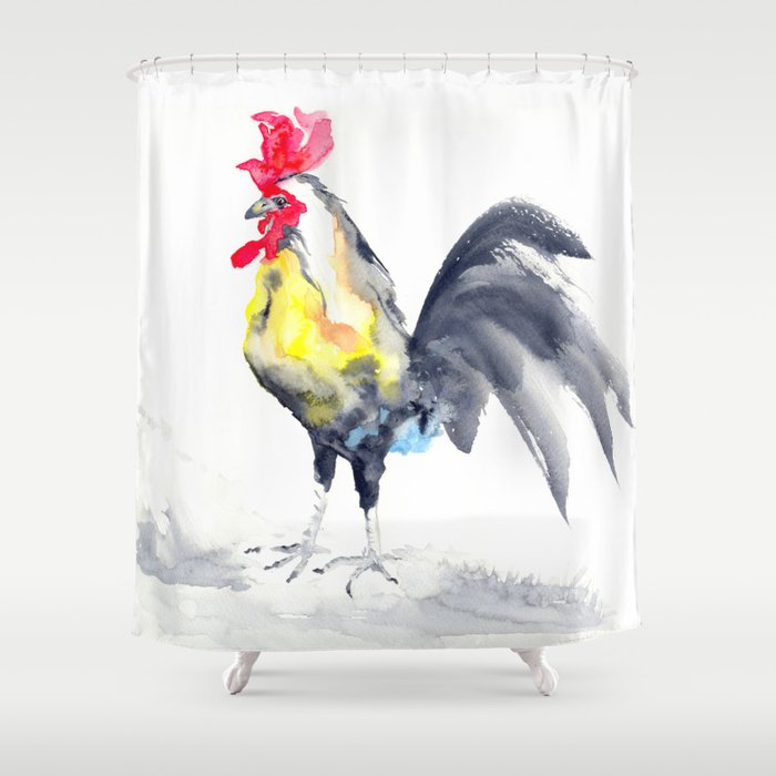 Rooster Shower Curtain Watercolor Painting - Artistic Bathroom Decor Brazen Design Studio Beige