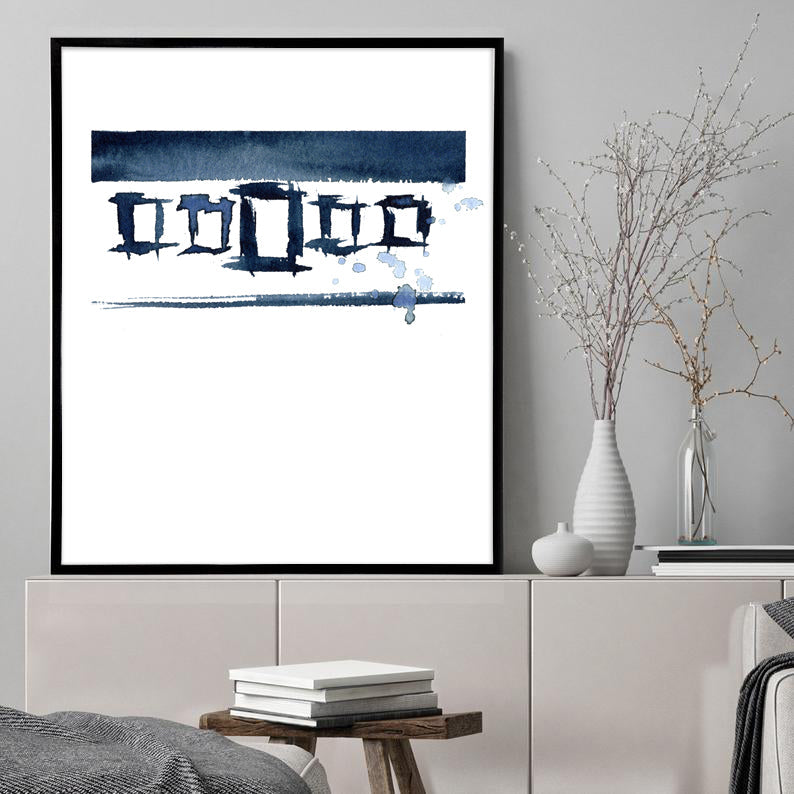 Art Print - Contained Abstract Composition Contemporary Indigo Watercolor Painting Brazen Design Studio White