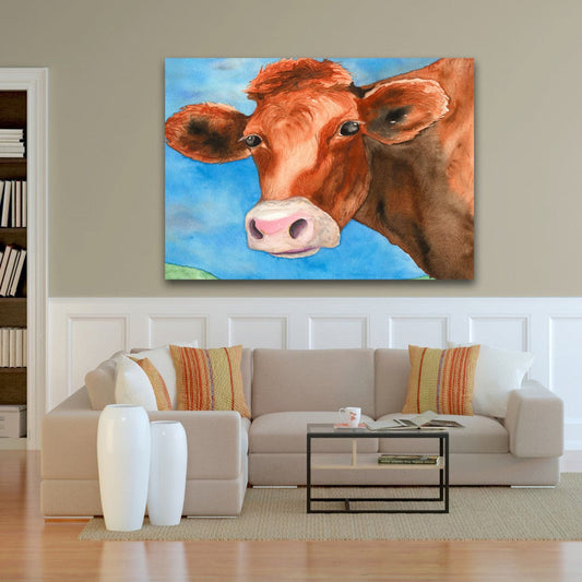 Watercolor Painting - Red Heifer Cow Bovine Country Art Print Brazen Design Studio Cornflower Blue