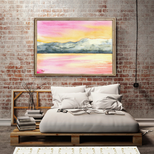 Okanagan Sunrise Watercolor Painting - Serene Water Seascape Art Print Brazen Design Studio Light Pink