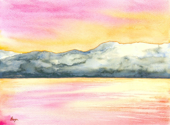 Okanagan Sunrise Watercolor Painting - Serene Water Seascape Art Print Brazen Design Studio Navajo White