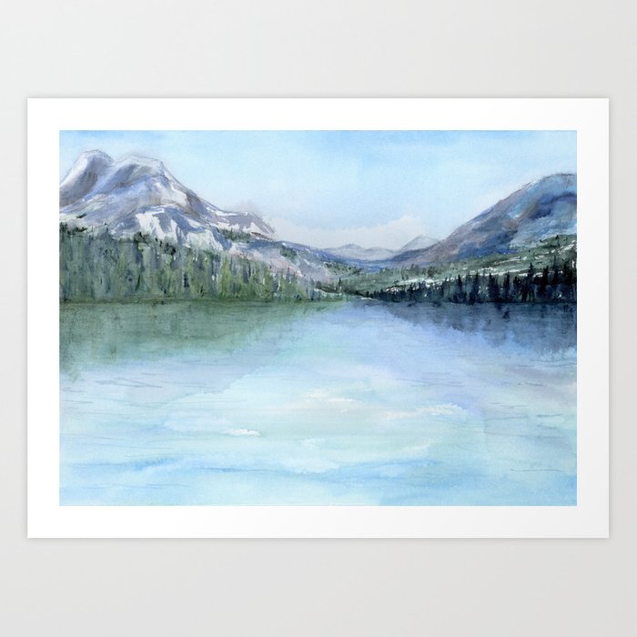 Misty Mountains Watercolor Lake Landscape Painting - Scenic Art Print Brazen Design Studio Pale Turquoise
