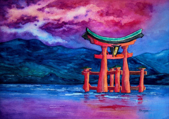 Tōri-iru Japanese Temple Gate - Watercolour Painting - Landscape Scenic Art Print Brazen Design Studio Midnight Blue