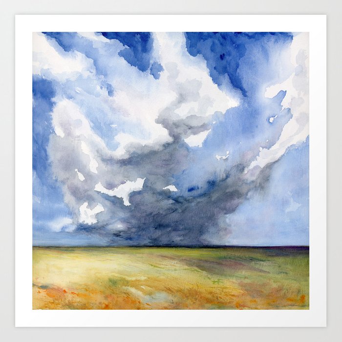 Head in the Clouds Prairie Landscape Watercolor Painting Art Print Brazen Design Studio Slate Gray