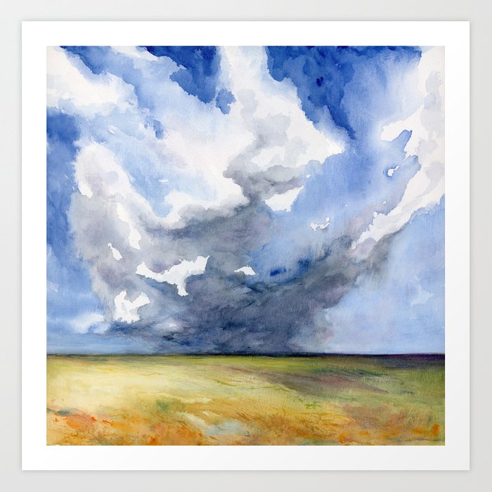 Head in the Clouds Prairie Landscape Watercolor Painting Art Print Brazen Design Studio Slate Gray