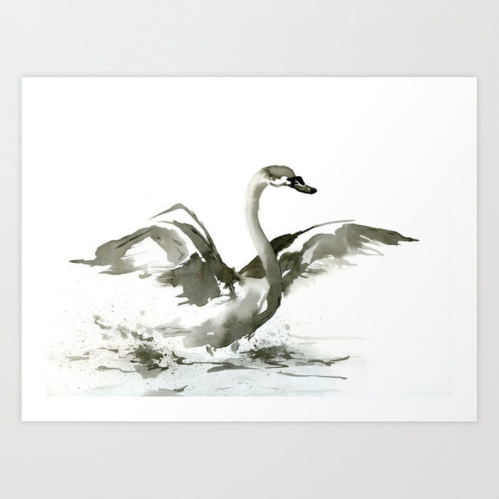 Ink Painting - Swan - Cygnet Sumi-e - Mimimalist Art Print Brazen Design Studio White Smoke