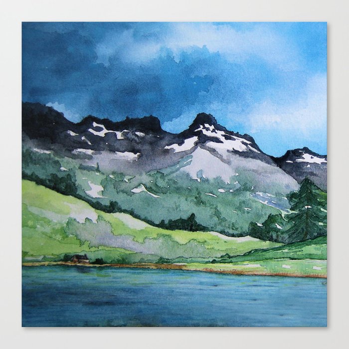Serenity Watercolor Landscape Lake Mountain Painting - Scenic Art Print Brazen Design Studio Steel Blue