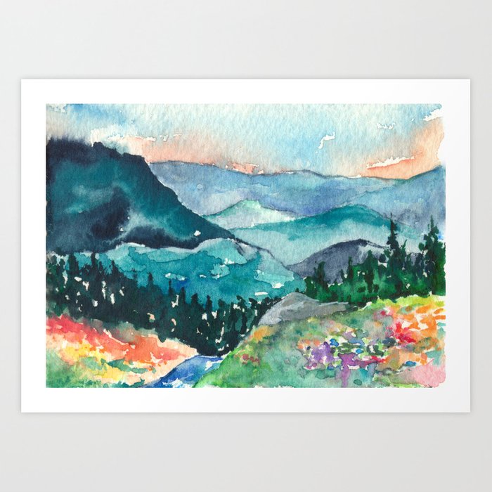 Valley of Dreams Watercolor Landscape Painting - Scenic Art Print Brazen Design Studio Dark Cyan