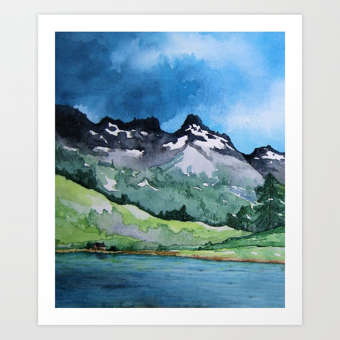 Serenity Watercolor Landscape Lake Mountain Painting - Scenic Art Print Brazen Design Studio Slate Gray