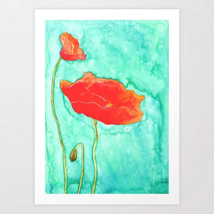 Poppy Trio Floral Watercolour Painting - Orange Poppy - Art Print Brazen Design Studio Tomato