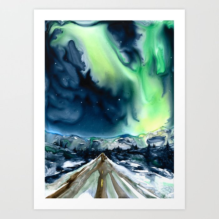 Aurora Borealis Northern Lights Landscape Watercolor Painting - Art Print Brazen Design Studio Dark Slate Gray