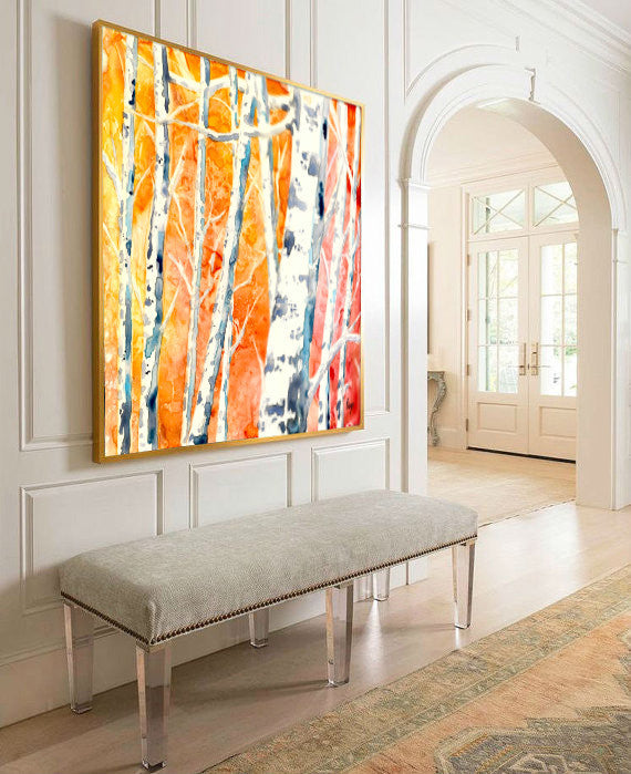 Watercolor Painting - Falling for Color - Birch Aspen Tree Art Print Brazen Design Studio Dark Orange