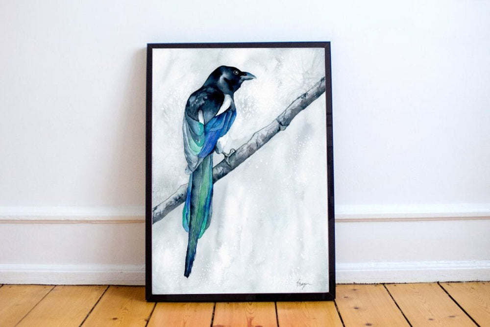 Watercolor Painting - The Collector - Magpie Wildlife Art Print Brazen Design Studio Lavender