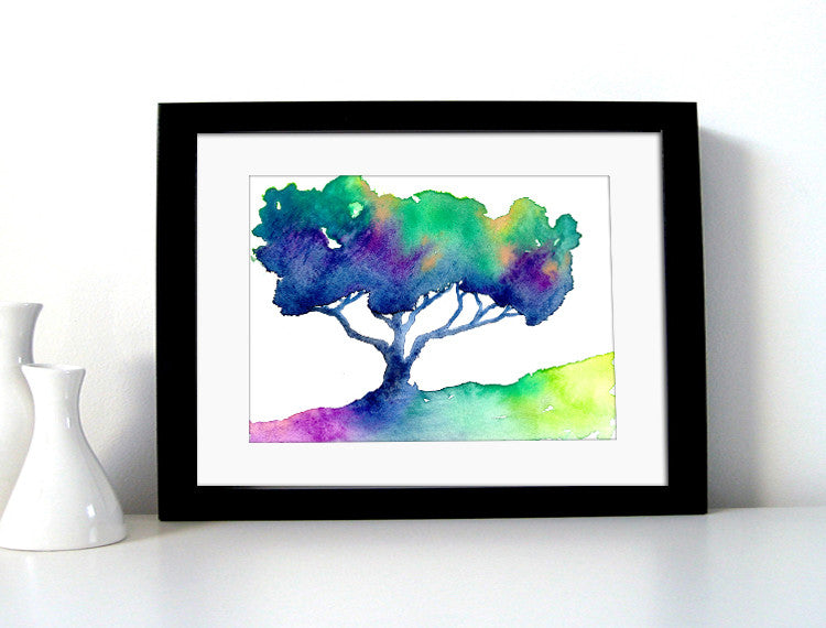Watercolor Painting - Rainbow Oak Tree - Modern Contemporary Art Print Brazen Design Studio Dark Slate Blue