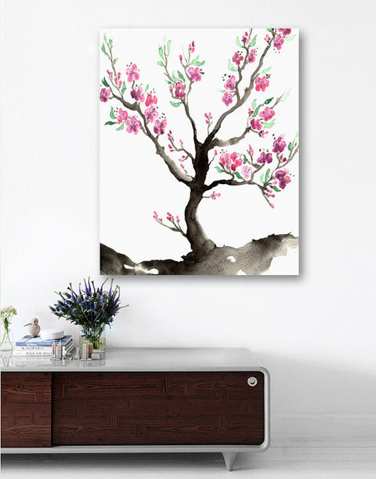 Watercolor Painting - Sakura Tree Cherry Blossom Art Nature Sumi-e Art Print Brazen Design Studio White Smoke
