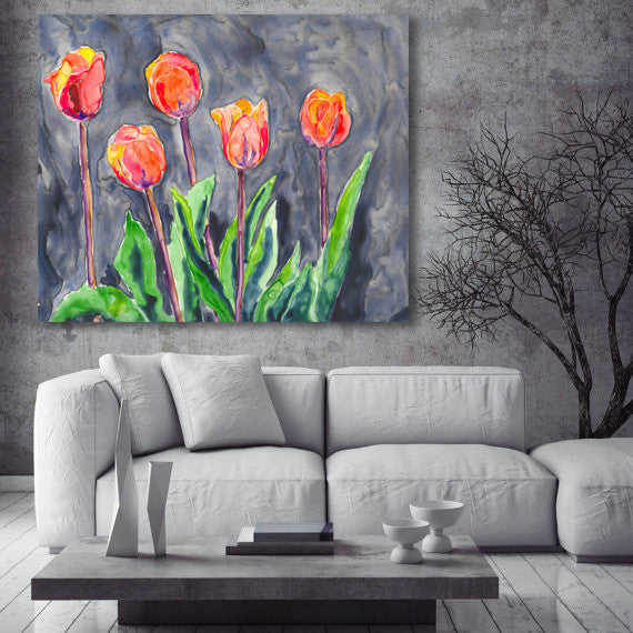 Watercolor Painting - All in a Row - Orange Tulips - Still Life Floral Art Print Brazen Design Studio Dark Sea Green
