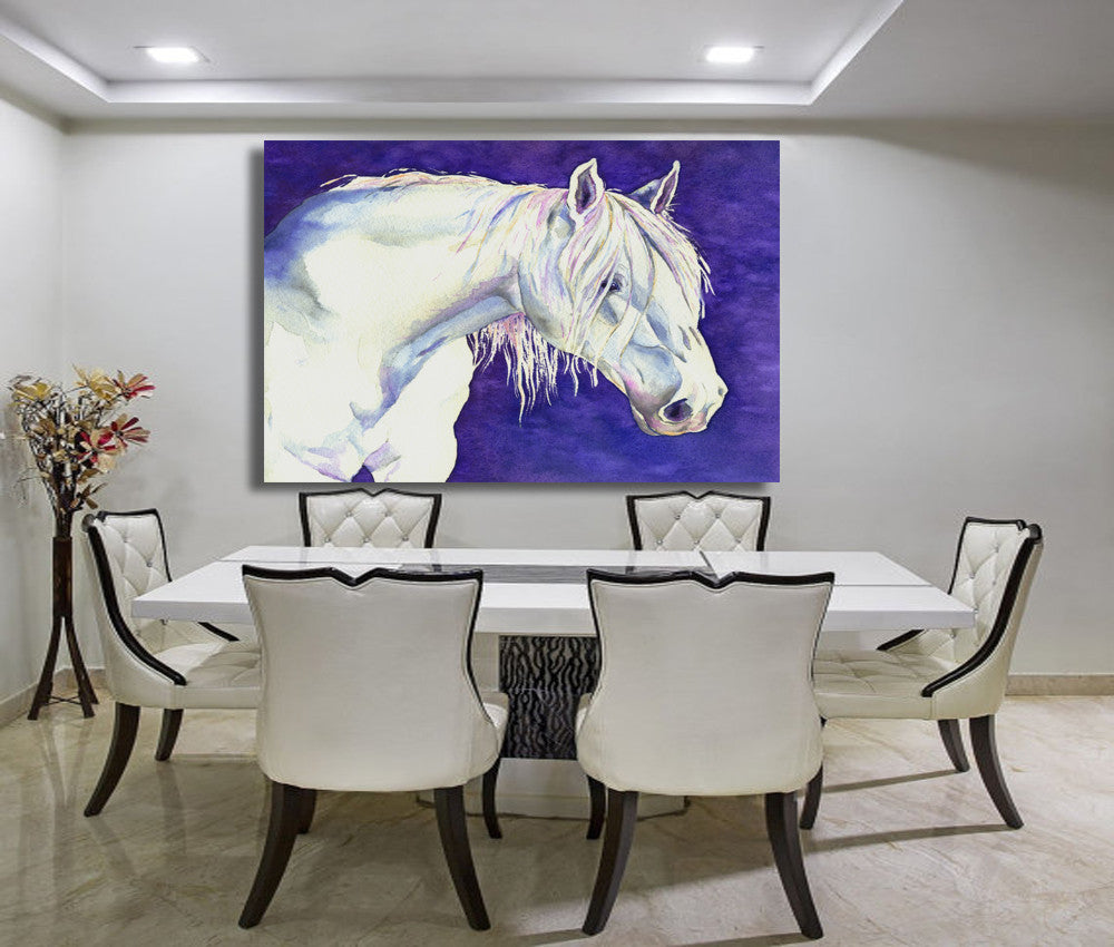 Equine Watercolor Painting - White Horse Nature - Fine Art Print Brazen Design Studio Dark Slate Blue