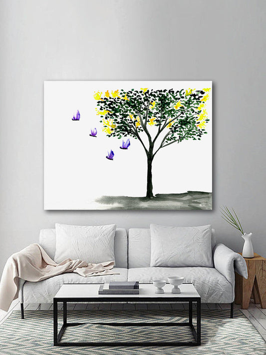 Watercolor Ink Painting - Butterflies Yellow Lilac Tree - Floral Sumi-e Art Print Brazen Design Studio White Smoke