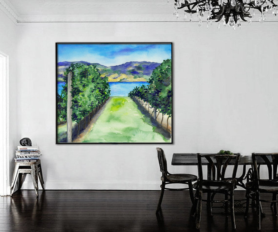 Watercolor Landscape Painting - Between the Vines - Winery Vineyard Scenic Art Print Brazen Design Studio Gray