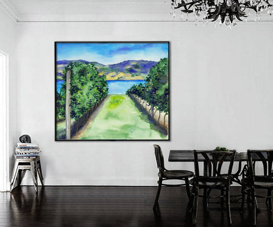 Watercolor Landscape Painting - Between the Vines - Winery Vineyard Scenic Art Print Brazen Design Studio Gray