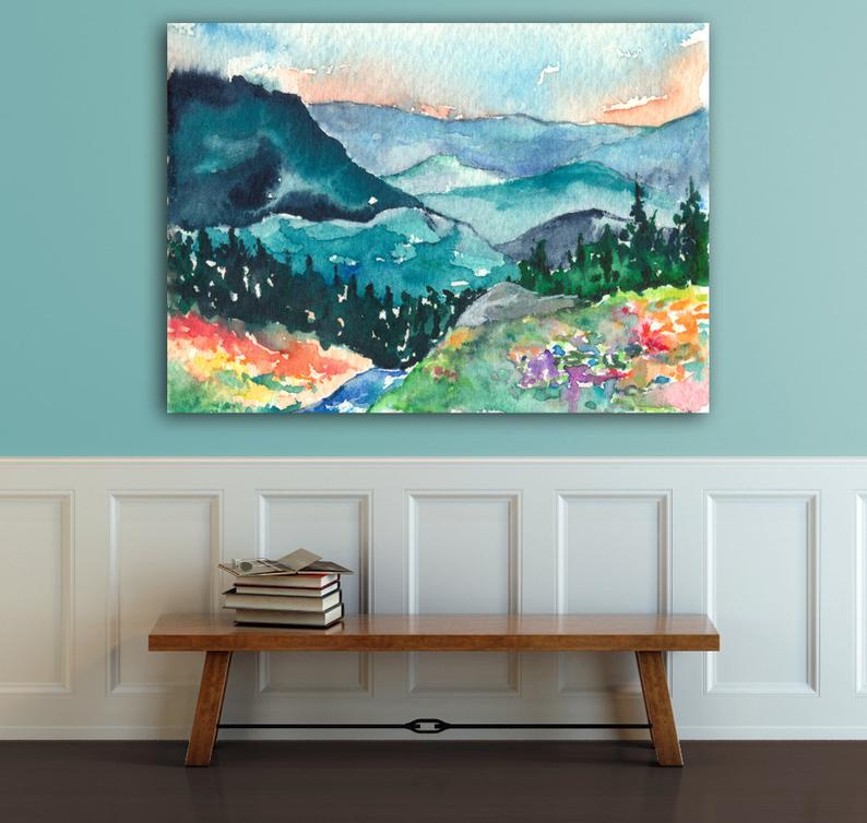 Valley of Dreams Watercolor Landscape Painting - Scenic Art Print Brazen Design Studio Cadet Blue