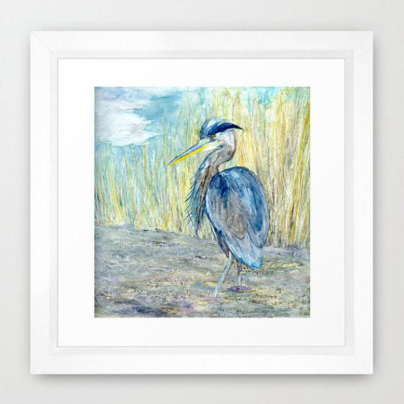 Great Blue Heron Watercolor Painting - Bird Wildlife Art Print Brazen Design Studio Gray