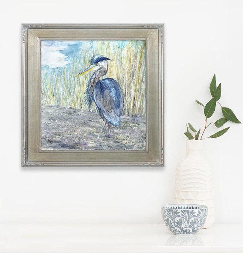 Great Blue Heron Watercolor Painting - Bird Wildlife Art Print Brazen Design Studio Dark Gray