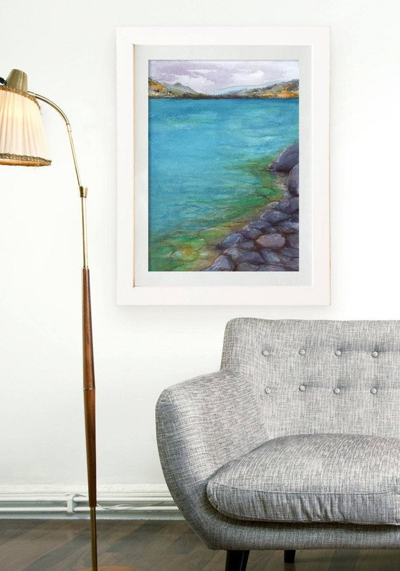 Kalamalka Lake - Okanagan Watercolor Landscape Painting - Scenic Art Print Brazen Design Studio Cadet Blue