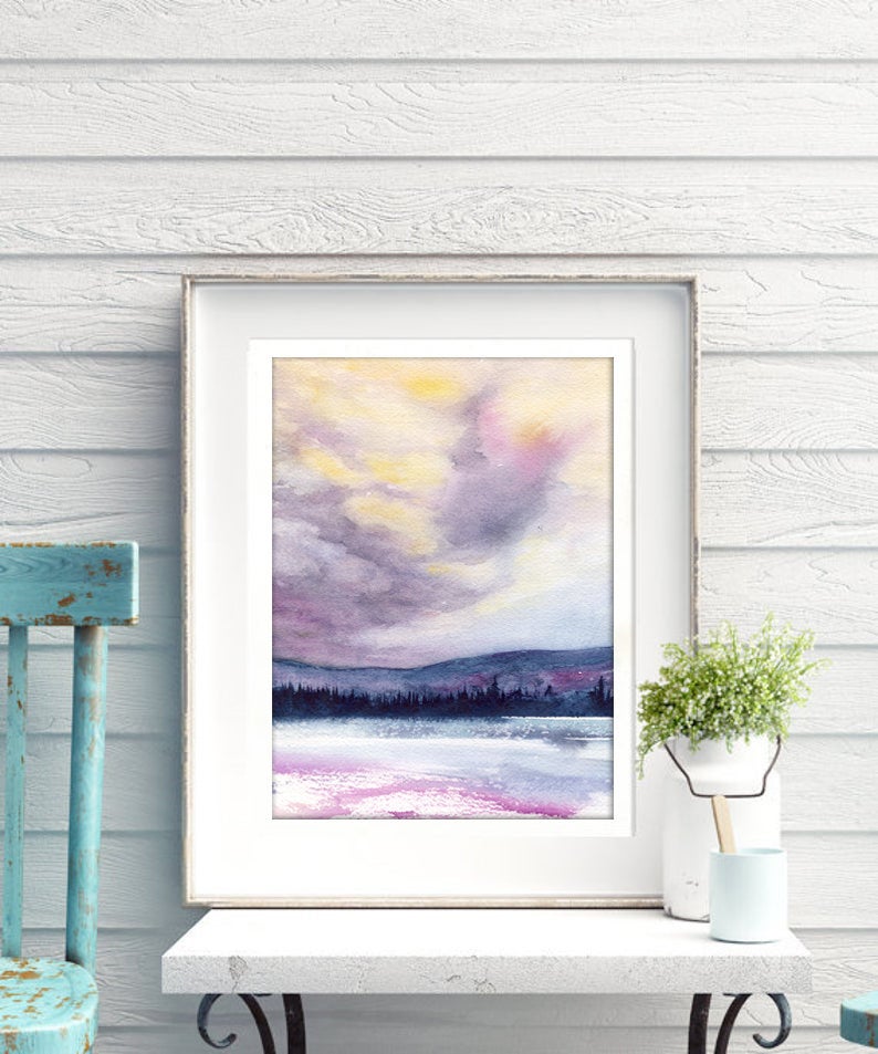 Indigo Dream Watercolor Landscape Painting - Scenic Art Print Brazen Design Studio Wheat