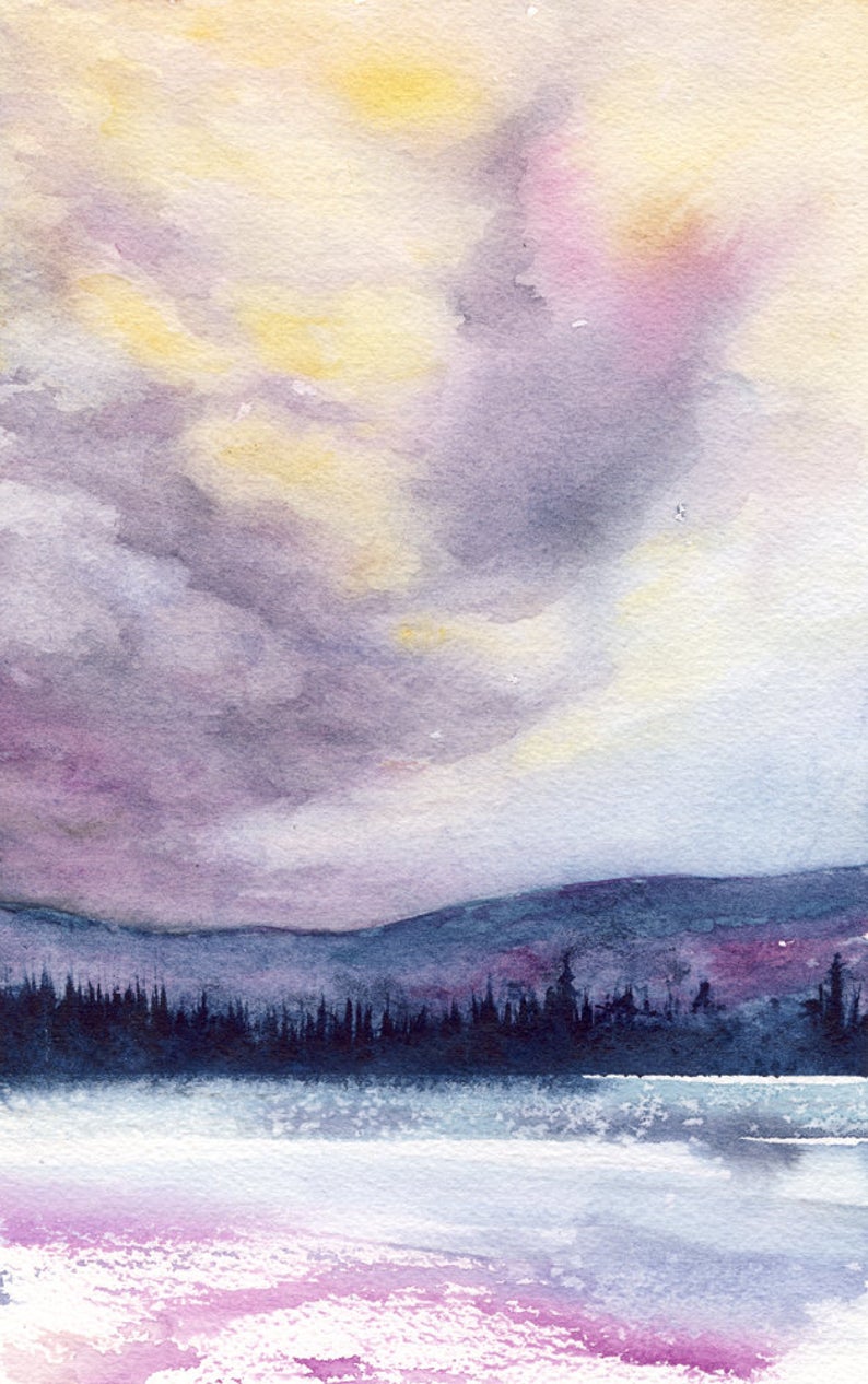 Indigo Dream Watercolor Landscape Painting - Scenic Art Print Brazen Design Studio Dark Gray