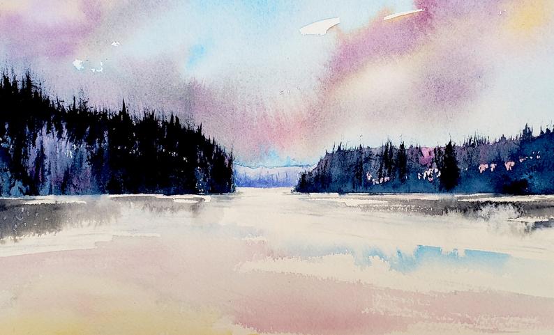 Quiet Morning Watercolor Landscape Painting - Scenic Art Print Brazen Design Studio Light Gray
