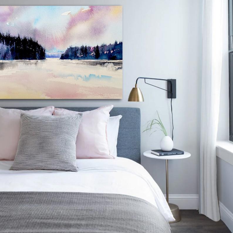 Quiet Morning Watercolor Landscape Painting - Scenic Art Print Brazen Design Studio Gray
