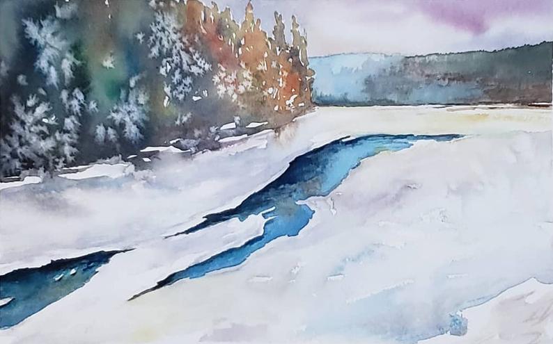 Winter Solace Watercolor Landscape Painting - Scenic Art Print Brazen Design Studio Light Steel Blue