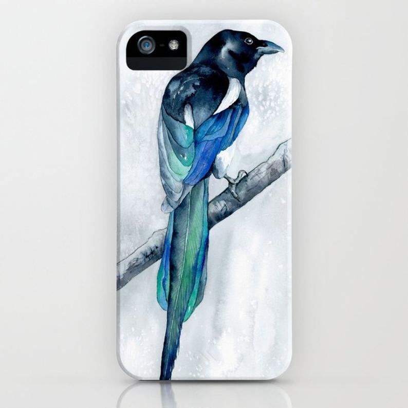Magpie Phone Case - Watercolor Painting - Designer iPhone Samsung Case Brazen Design Studio Steel Blue