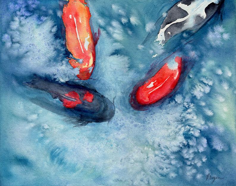 River Waltz - Koi Watercolor Painting Brazen Edwards Firebrick