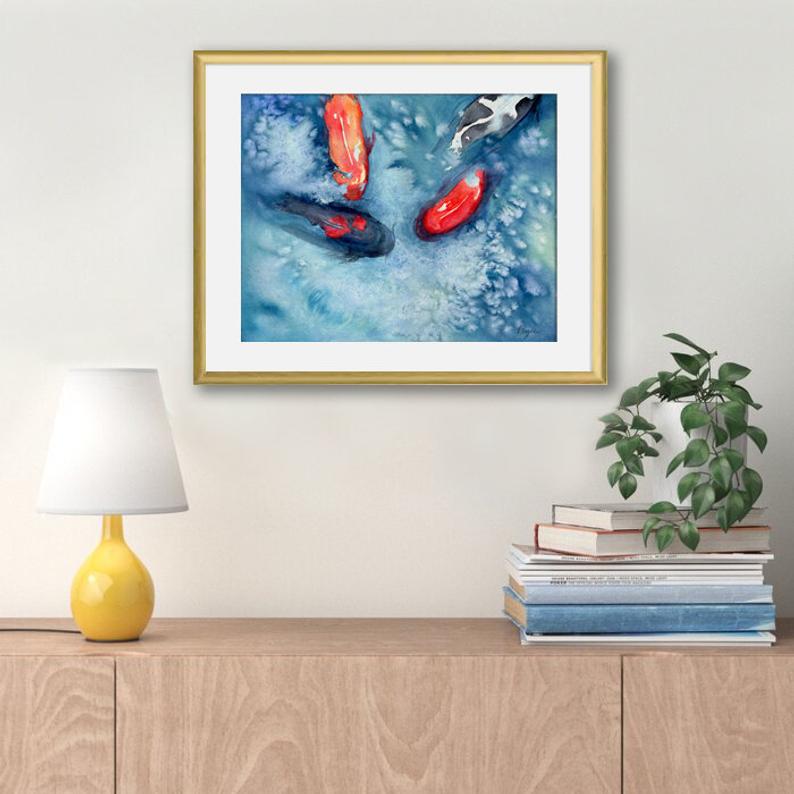 River Waltz - Koi Watercolor Painting Brazen Edwards Sky Blue