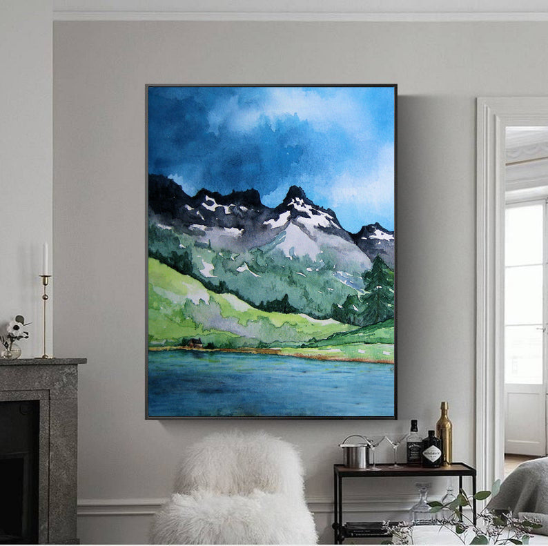 Serenity Watercolor Landscape Lake Mountain Painting - Scenic Art Print Brazen Design Studio Steel Blue
