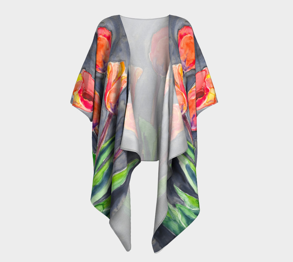 Draped Kimono - Tulips Watercolour Painting - Designer Clothing Brazen Design Studio Dark Gray