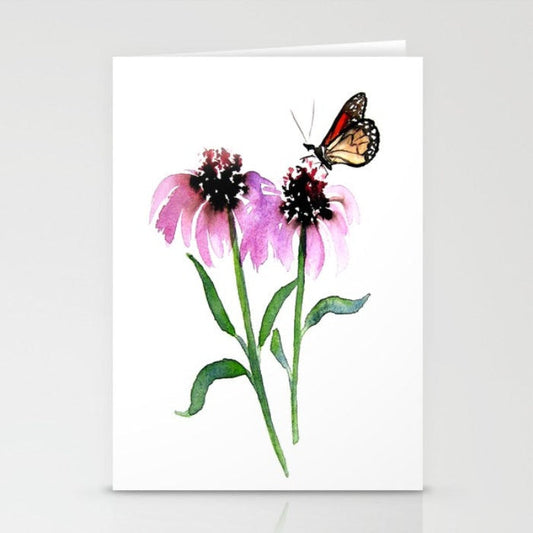 Monarch Butterfly with Echinacea Watercolour and Sumi-e - Art Card Brazen Design Studio Plum