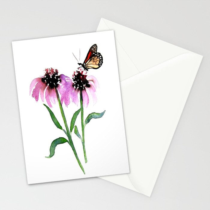 Monarch Butterfly with Echinacea Watercolour and Sumi-e - Art Card Brazen Design Studio White Smoke