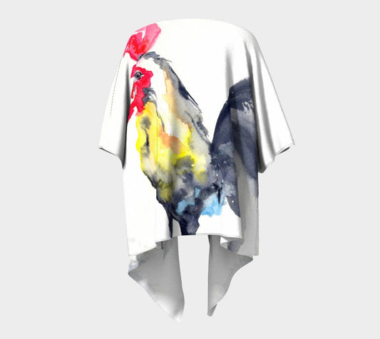 Draped Kimono - Rooster Watercolour Painting - Designer Clothing Brazen Design Studio Khaki