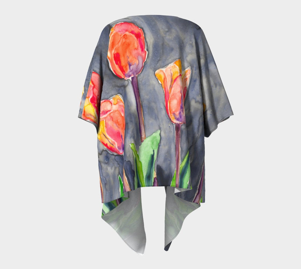 Draped Kimono - Tulips Watercolour Painting - Designer Clothing Brazen Design Studio Slate Gray
