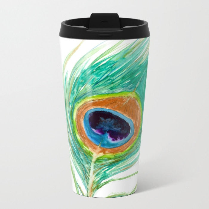 Travel Mug - Ceramic or Metal Coffee Cup - Peacock Feather  - Stainless Steel Metal Coffee Cup Brazen Design Studio Cadet Blue