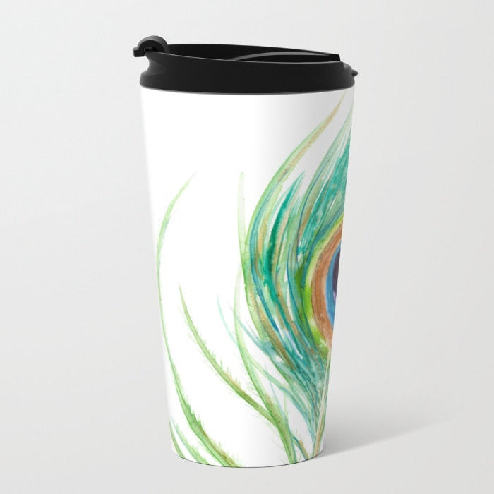 Travel Mug - Ceramic or Metal Coffee Cup - Peacock Feather  - Stainless Steel Metal Coffee Cup Brazen Design Studio Cadet Blue
