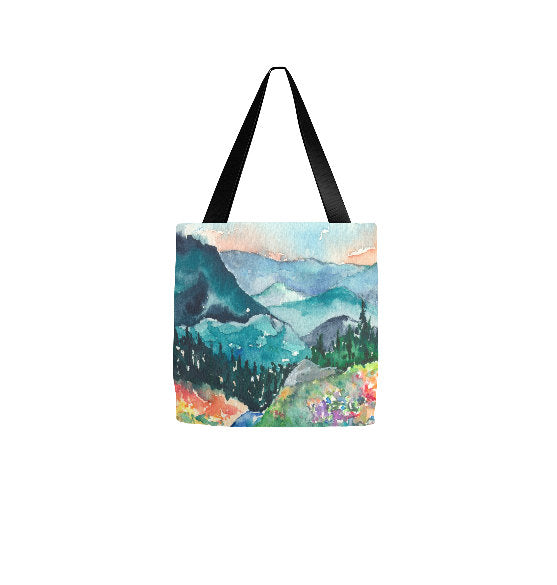 Art Tote Bag - Valley of Dreams Landscape Watercolor Painting - Shopping Bag Brazen Design Studio Steel Blue
