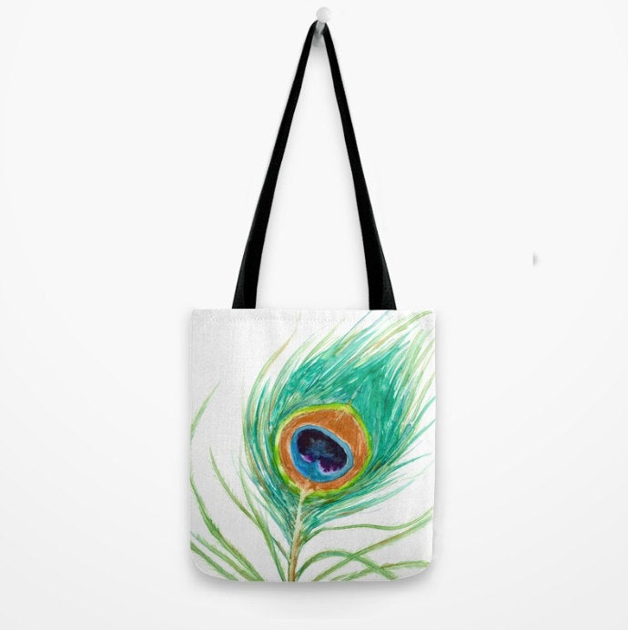 Art Tote Bag - Peacock Feather Watercolor Painting - Shopping Bag Brazen Design Studio Cadet Blue