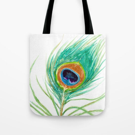 Art Tote Bag - Peacock Feather Watercolor Painting - Shopping Bag Brazen Design Studio Medium Sea Green