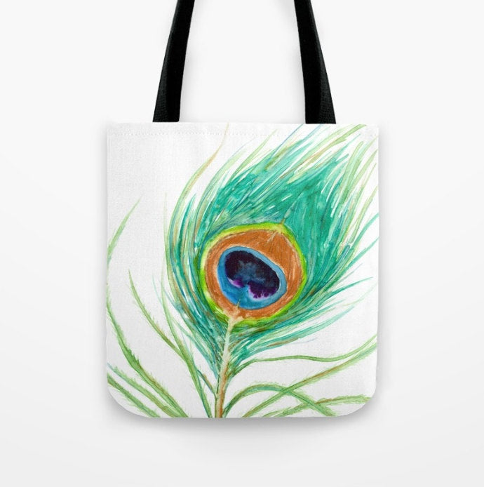 Art Tote Bag - Peacock Feather Watercolor Painting - Shopping Bag Brazen Design Studio Medium Sea Green