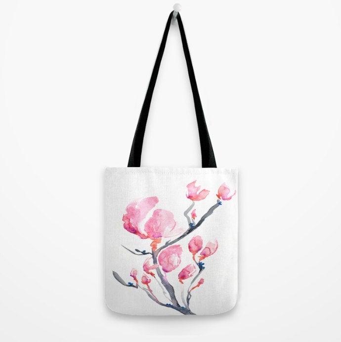Art Tote Bag - Japanese Magnolia Watercolor Painting - Shopping Bag Brazen Design Studio Thistle