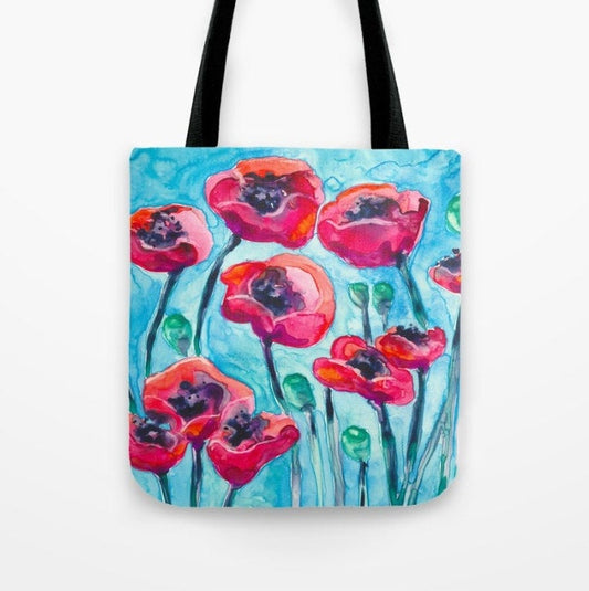 Art Tote Bag - Red Poppies Watercolor Painting - Shopping Bag Brazen Design Studio Violet Red